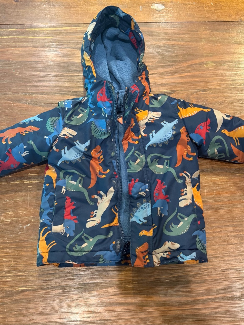The Children's Place Navy Hooded Puffer Jacket with Multicolor Dinosaur Print